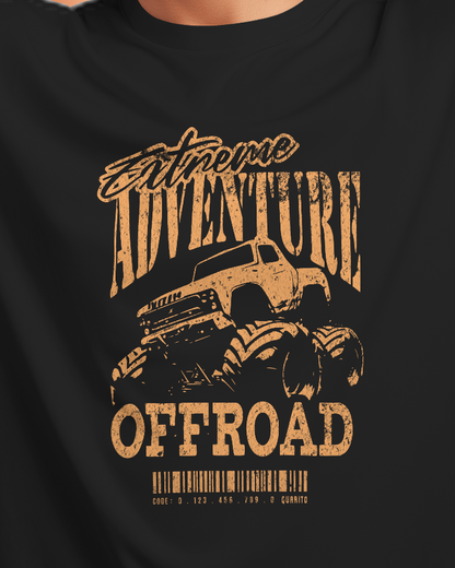 Closeup of Qurrito’s Extreme Offroad Trailwear Monster Truck Graphic T-Shirt featuring bold typography and adventure graphics. The regular-fit cotton tee embodies energetic, pumped, playful, and quirky moods — ideal for those who live for thrill, motion, and expressive streetwear.