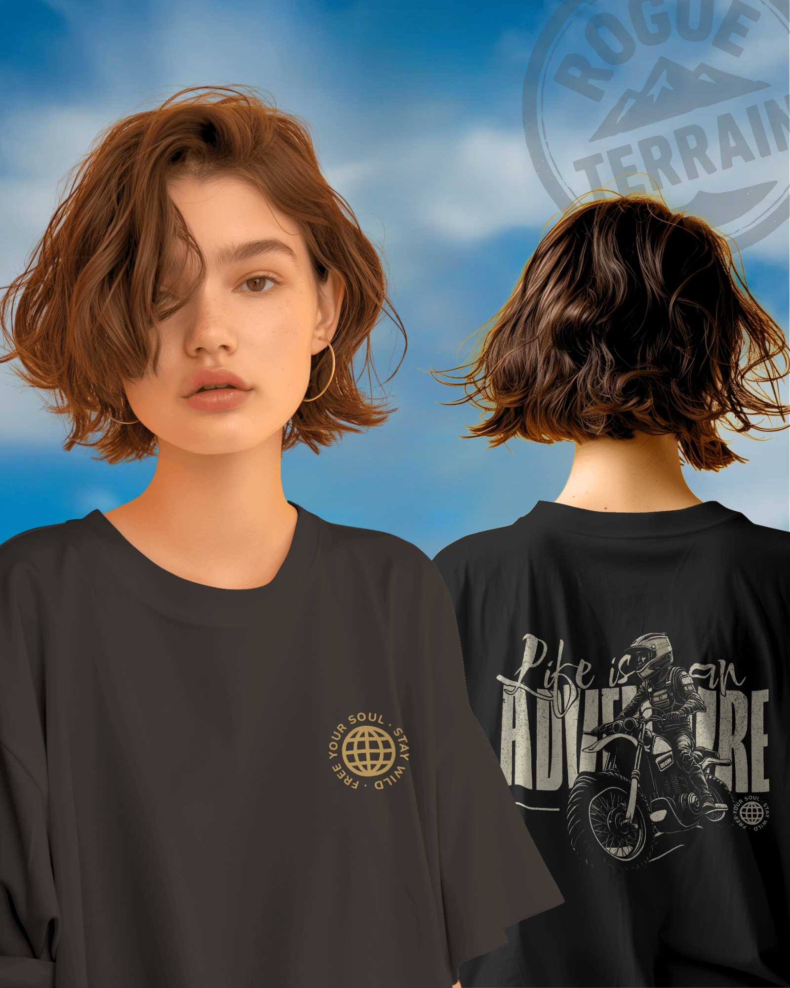 Female model styled in Qurrito’s Oversized Adventure Travel Cotton T-Shirt featuring bold motorbike rider artwork and “Free Your Soul” emblem. The black oversized fit expresses energetic, pumped, confident, and bold moods — ideal for explorers who live life full throttle.