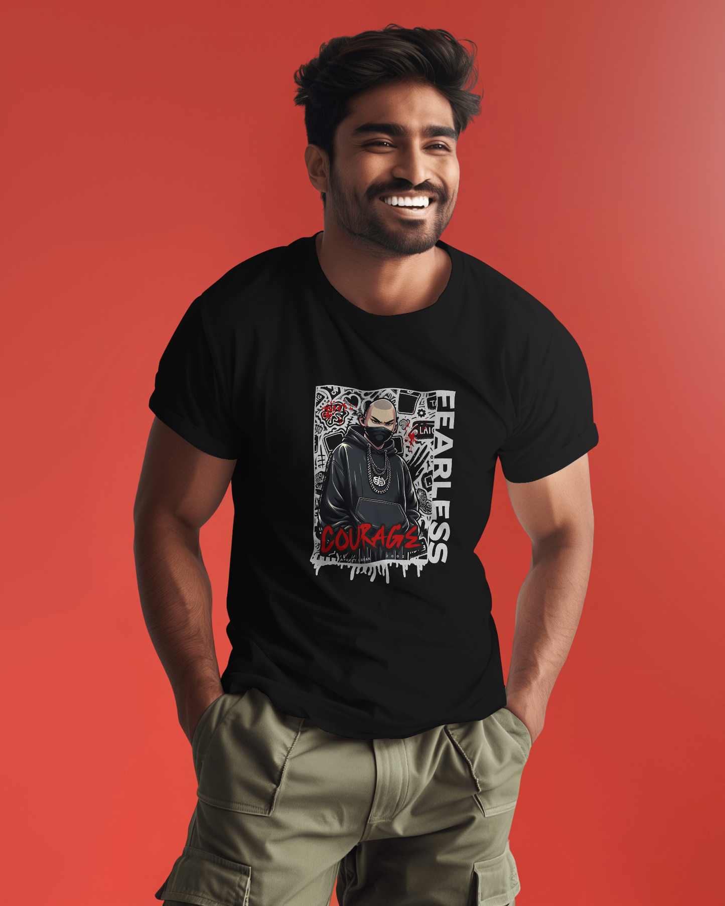 Mysterious and confident graphic on a regular fit urban cotton T-shirt. Black tee with an anime-style figure and streetwear aesthetic.