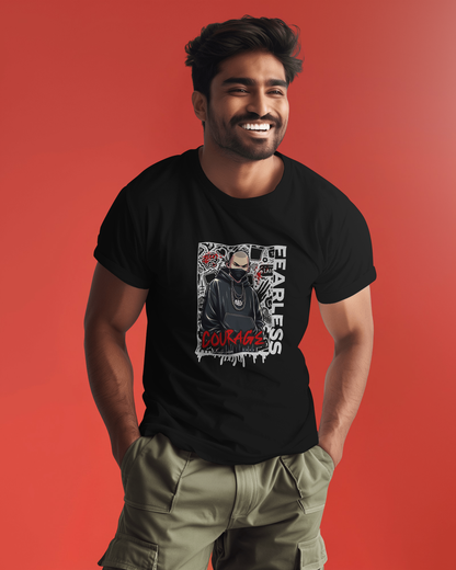 Mysterious and confident graphic on a regular fit urban cotton T-shirt. Black tee with an anime-style figure and streetwear aesthetic.