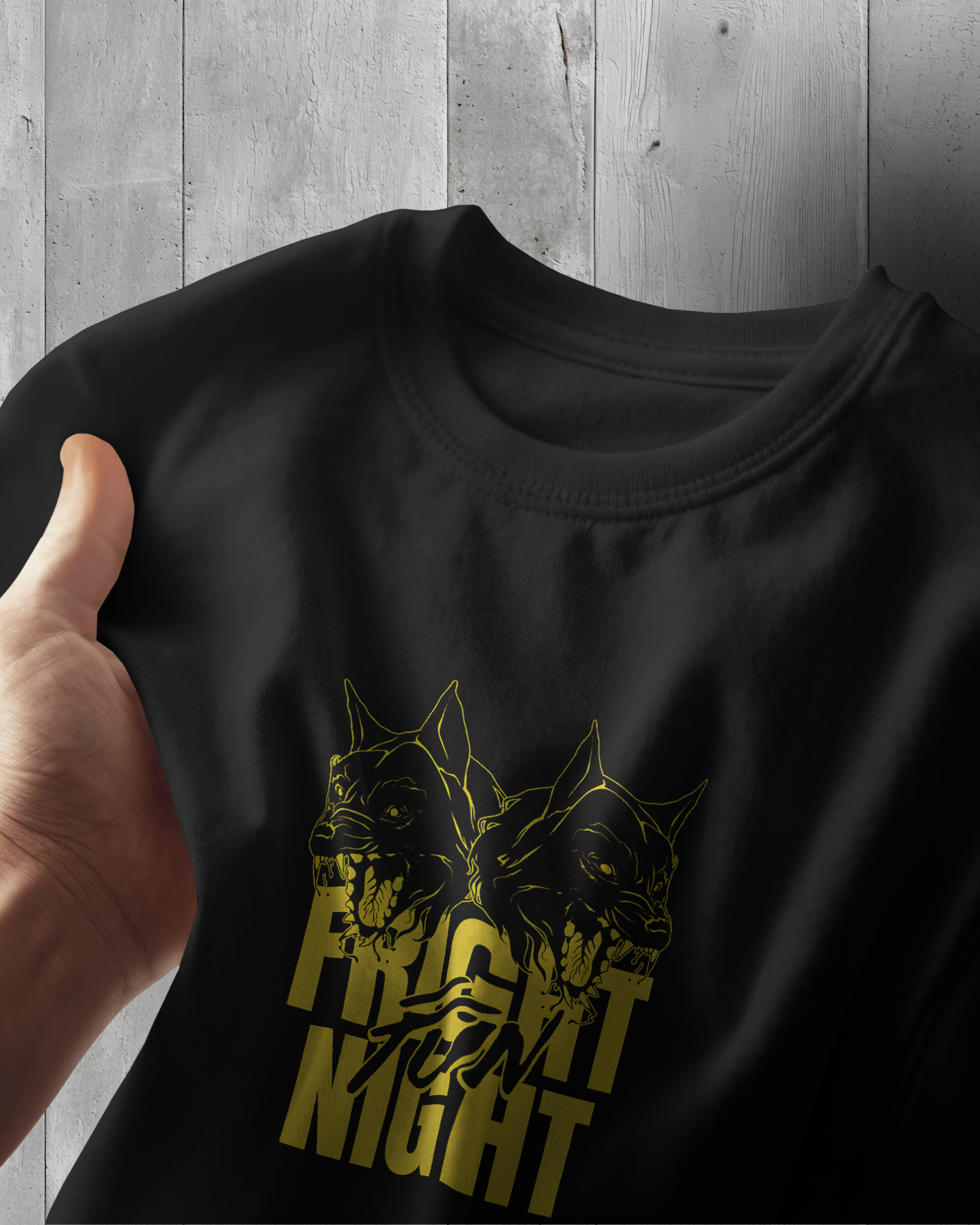 Dark "Fright Night" T-Shirt featuring a mysterious snarling wolf graphic. Night Prowler design, Regular Fit black tee, perfect for a gothic or edgy look.