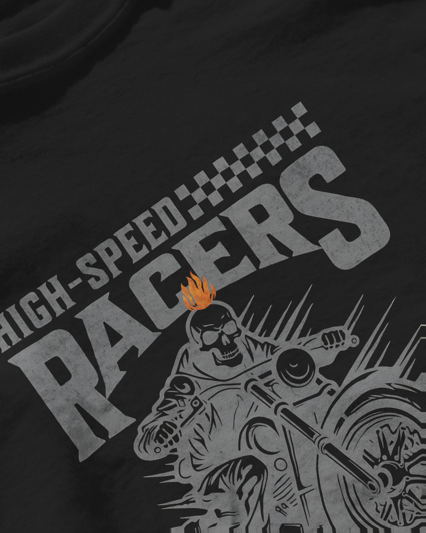 Mysterious and Dark Mood Biker Graphic T-Shirt. "High-Speed Racers" print from the Rogue Terrain Collection. Qurrito Regular Fit cotton apparel.