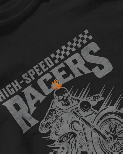 Mysterious and Dark Mood Biker Graphic T-Shirt. "High-Speed Racers" print from the Rogue Terrain Collection. Qurrito Regular Fit cotton apparel.