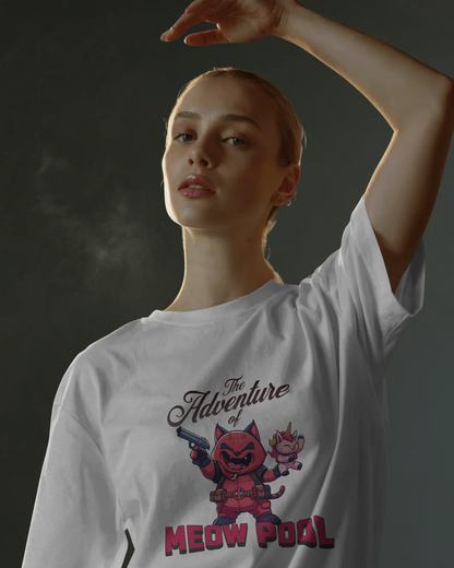 Mysterious and dark product shot of a female model wearing the Qurrito white oversized t-shirt with dramatic lighting. The unisex shirt features the Meow Pool graphic in a loose-fit, heavyweight style.