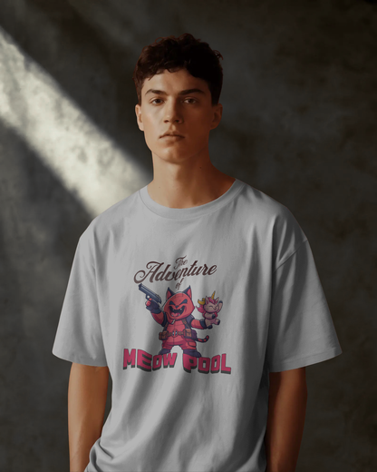 Mysterious mood male model wearing the quirky unisex Meow Pool oversized white t-shirt. Focus on the heavy-cotton feel and dark streetwear style of the garment.