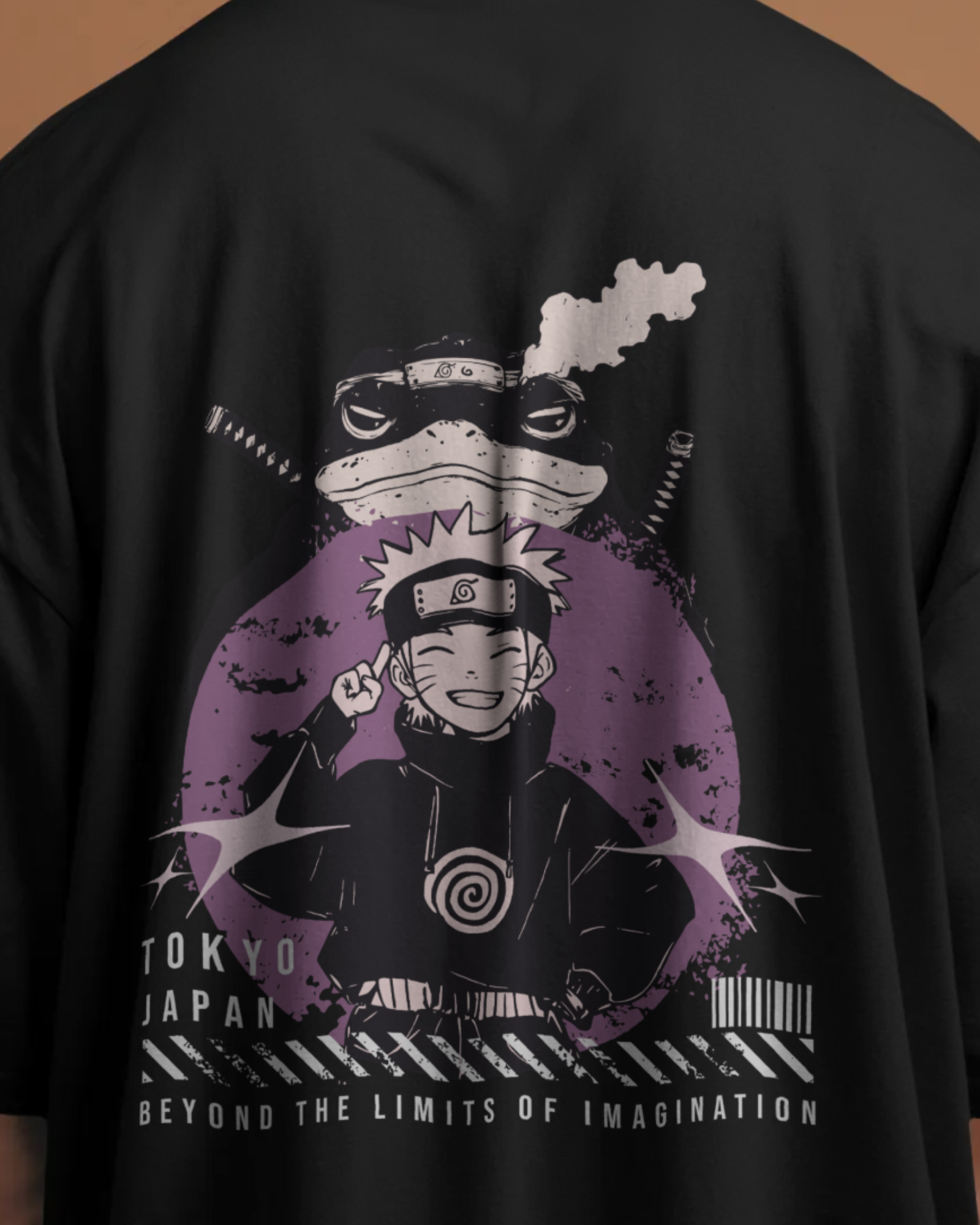 Back design of Qurrito’s Uzumaki Naruto Oversized Anime Graphic Tee showcasing bold purple Naruto artwork with Japanese inspiration. This streetwear piece radiates mysterious, dark, confident, bold, energetic, and pumped vibes, ideal for anime fans who love expressive fashion.
