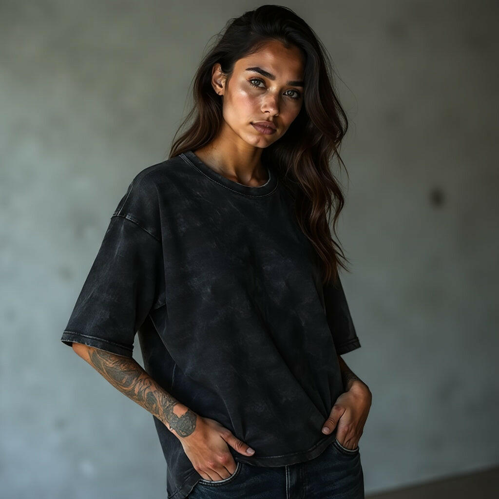 Girl wearing Textured Black Oversized T-Shirt — Vintage Edition