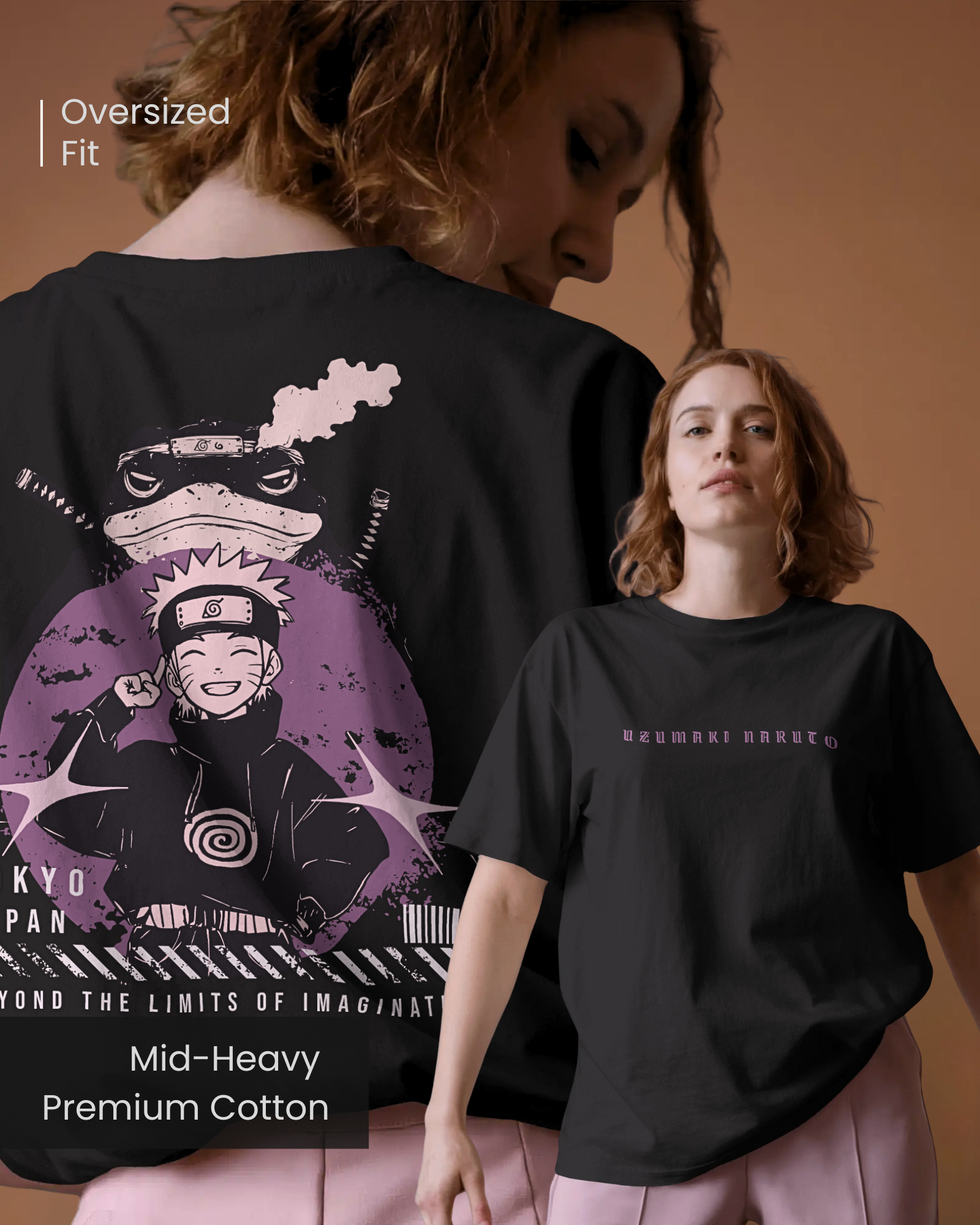 Female model wearing Qurrito’s Oversized Anime Graphic Tee inspired by Uzumaki Naruto, featuring vintage Japanese artwork on black cotton. This anime streetwear design captures mysterious, dark, confident, bold, energetic, and pumped moods — perfect for edgy and expressive fashion lovers.