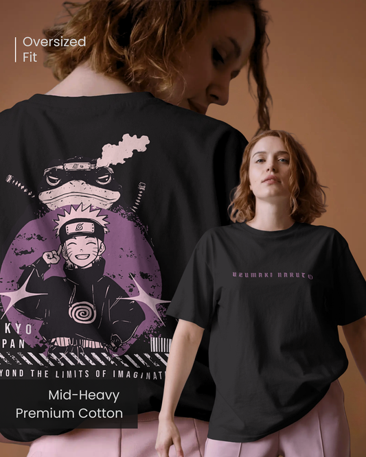 Female model wearing Qurrito’s Oversized Anime Graphic Tee inspired by Uzumaki Naruto, featuring vintage Japanese artwork on black cotton. This anime streetwear design captures mysterious, dark, confident, bold, energetic, and pumped moods — perfect for edgy and expressive fashion lovers.