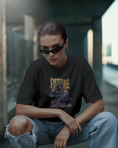 Woman wearing Qurrito’s Dark Side of the Future Cyber Mecha Oversized T-Shirt in black, paired with ripped high-waist jeans and slim black sunglasses. The look gives off mysterious, confident, and dark cyberpunk mood streetwear vibes, perfect for women searching for bold graphic tees with jeans.