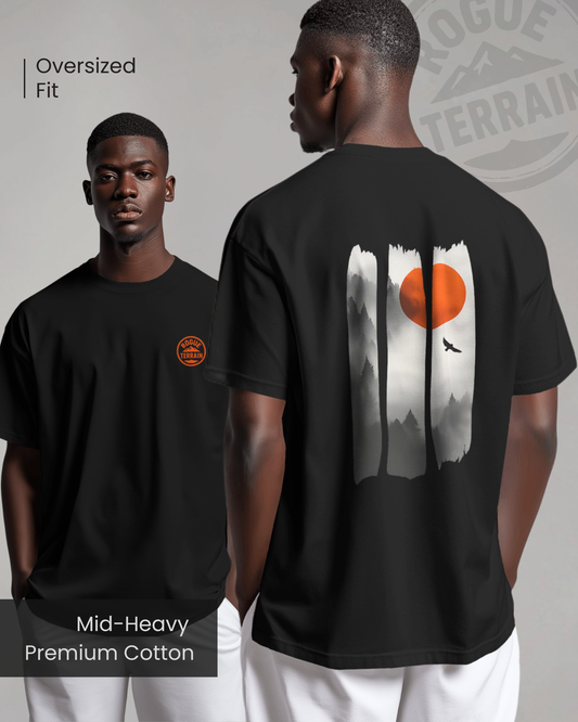 Front and Back of male model wearing Qurrito’s “Sunset Forest” oversized outdoor t-shirt featuring a scenic adventure graphic with an orange sun and misty forest print. The mid-heavy premium cotton tee reflects romantic, affectionate, chill, relaxed, happy, and cheerful moods — perfect for outdoor enthusiasts and mood-based streetwear lovers.