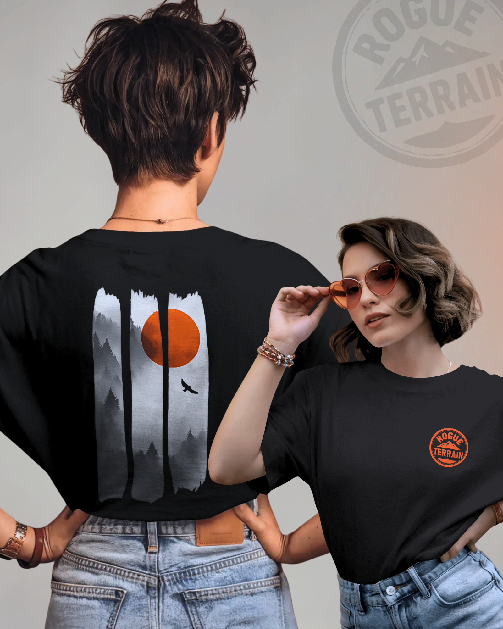 Front and back of female model styled in Qurrito’s Oversized “Sunset Forest” Adventure Graphic T-Shirt with a bold sunset and mountain silhouette print. Designed in soft premium cotton, this tee embodies romantic, affectionate, chill, relaxed, happy, and cheerful moods — blending comfort with an expressive outdoor vibe.