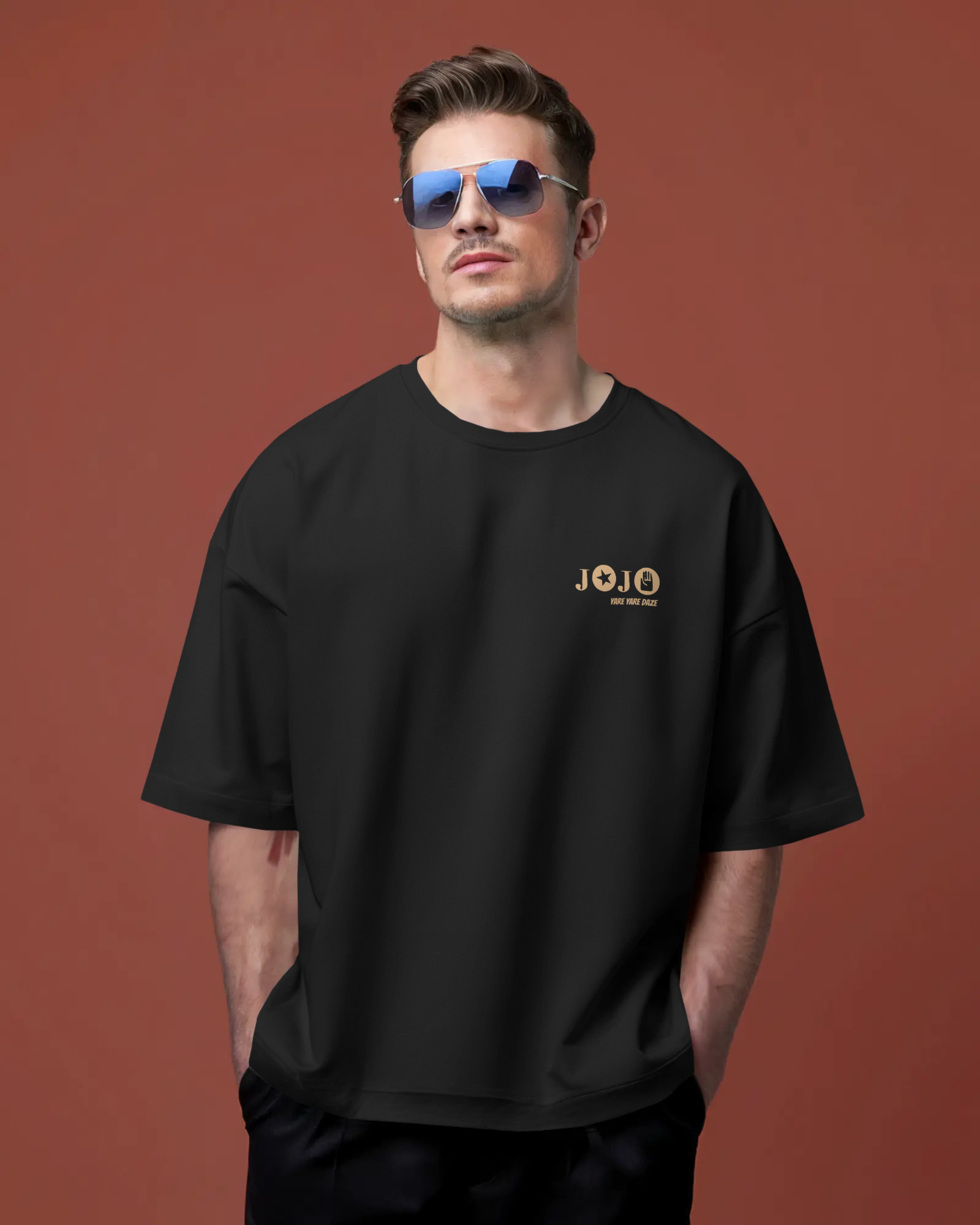 Black anime streetwear t-shirt with JOJO embroidered graphic in minimalistic oversized fit