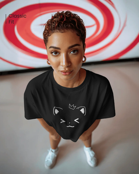 Woman wearing Qurrito’s Minimalistic Cat Face Regular Fit T-Shirt in black cotton. The cute cat print and subtle design give off playful, quirky, and chill mood vibes for relaxed casual styling.