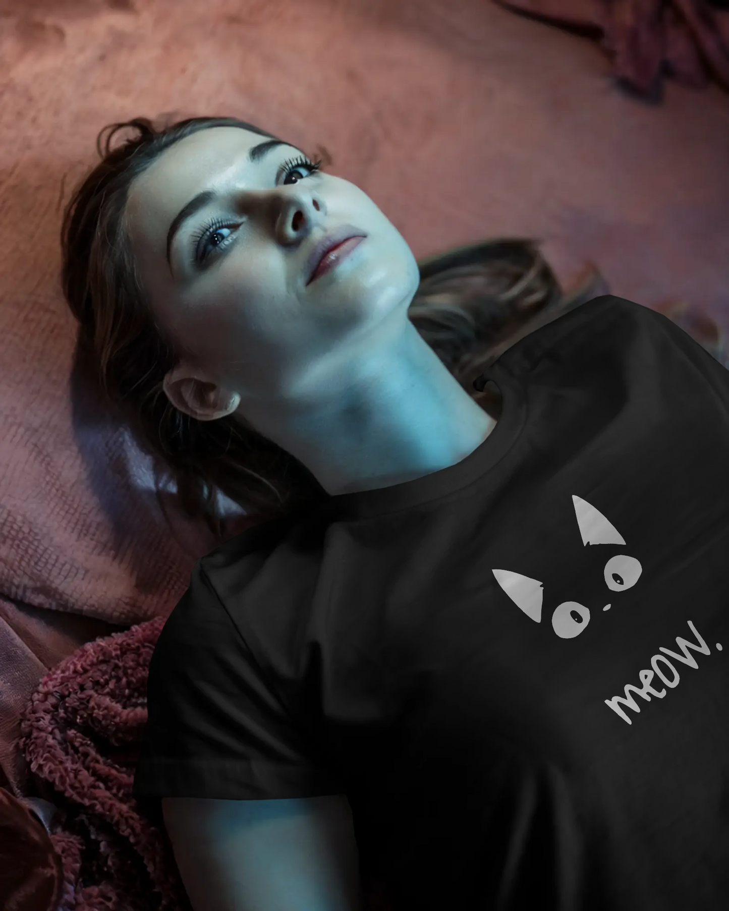 Quirky "meow" cat eyes design on a Playful black tee. Cat Lover T-Shirt for women, Regular Fit, perfect Qurrito shirt for a fun, casual outfit.