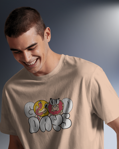 Good Days Funky Typography Tee graphic t-shirt in peach. Playful, quirky, and energetic donut/face design. Qurrito unisex Regular Fit casual apparel.