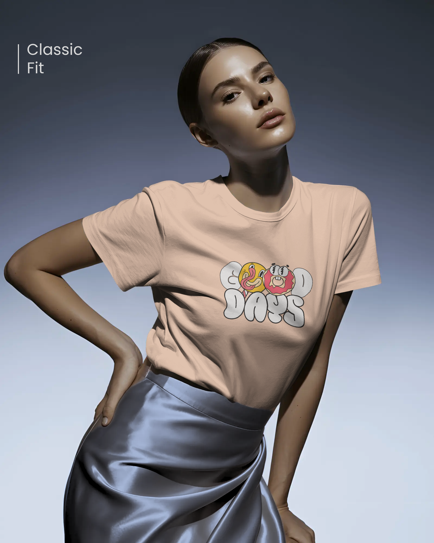 Good Days Funky Typography Tee graphic t-shirt in peach. Playful, quirky, and energetic donut/face design. Qurrito unisex Regular Fit casual apparel.