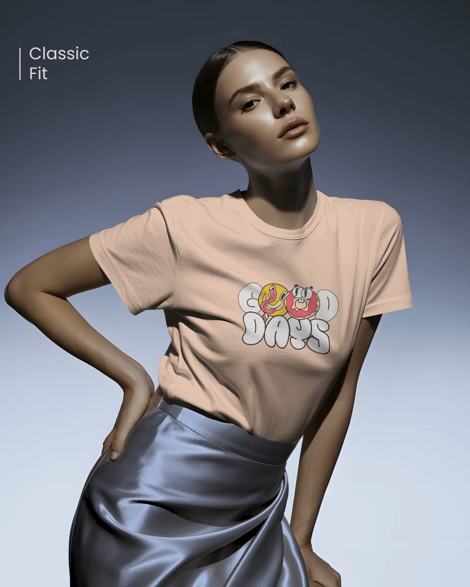 Good Days Funky Typography Tee graphic t-shirt in peach. Playful, quirky, and energetic donut/face design. Qurrito unisex Regular Fit casual apparel.