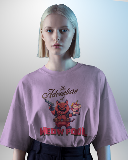 Close-up studio shot of a blonde female model wearing the playful "Meow Pool" oversized lavender graphic tee. This quirky top features the mercenary cat design and is part of the unisex streetwear collection.