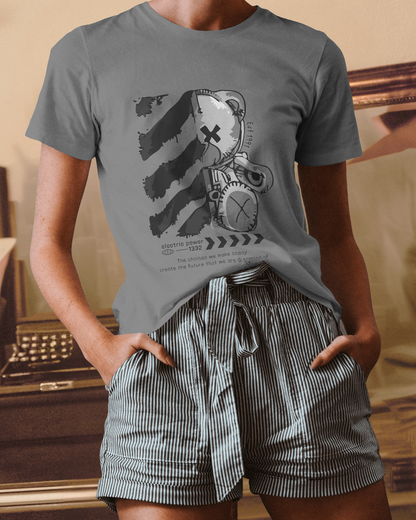 Female model showcasing the playful and quirky Qurrito Electric Teddy graphic tee in a regular fit. This dark gray top is unisex and offers a bold, yet relaxed style.