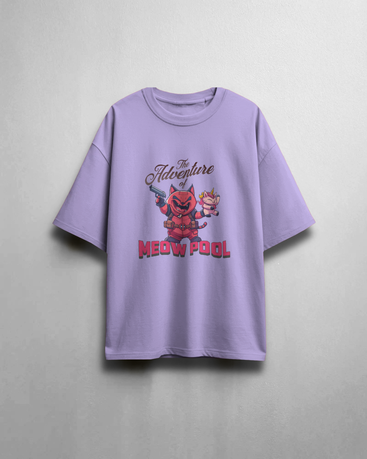 Product image of the playful "Meow Pool" streetwear unisex t-shirt in lavender, displayed hanging. Highlights the oversized shape and loose-fit cotton material.