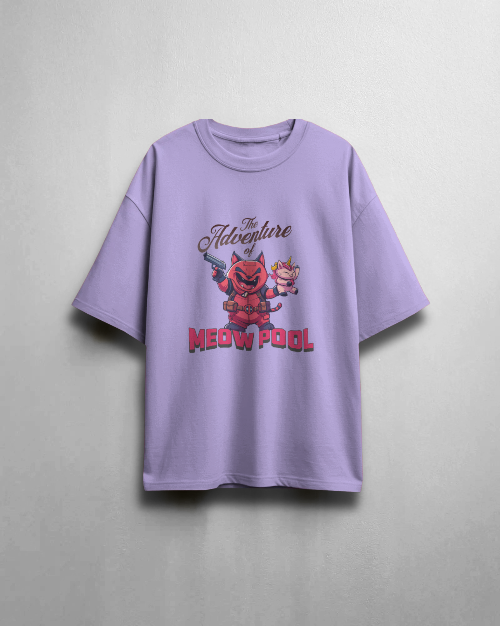 Product image of the playful "Meow Pool" streetwear unisex t-shirt in lavender, displayed hanging. Highlights the oversized shape and loose-fit cotton material.