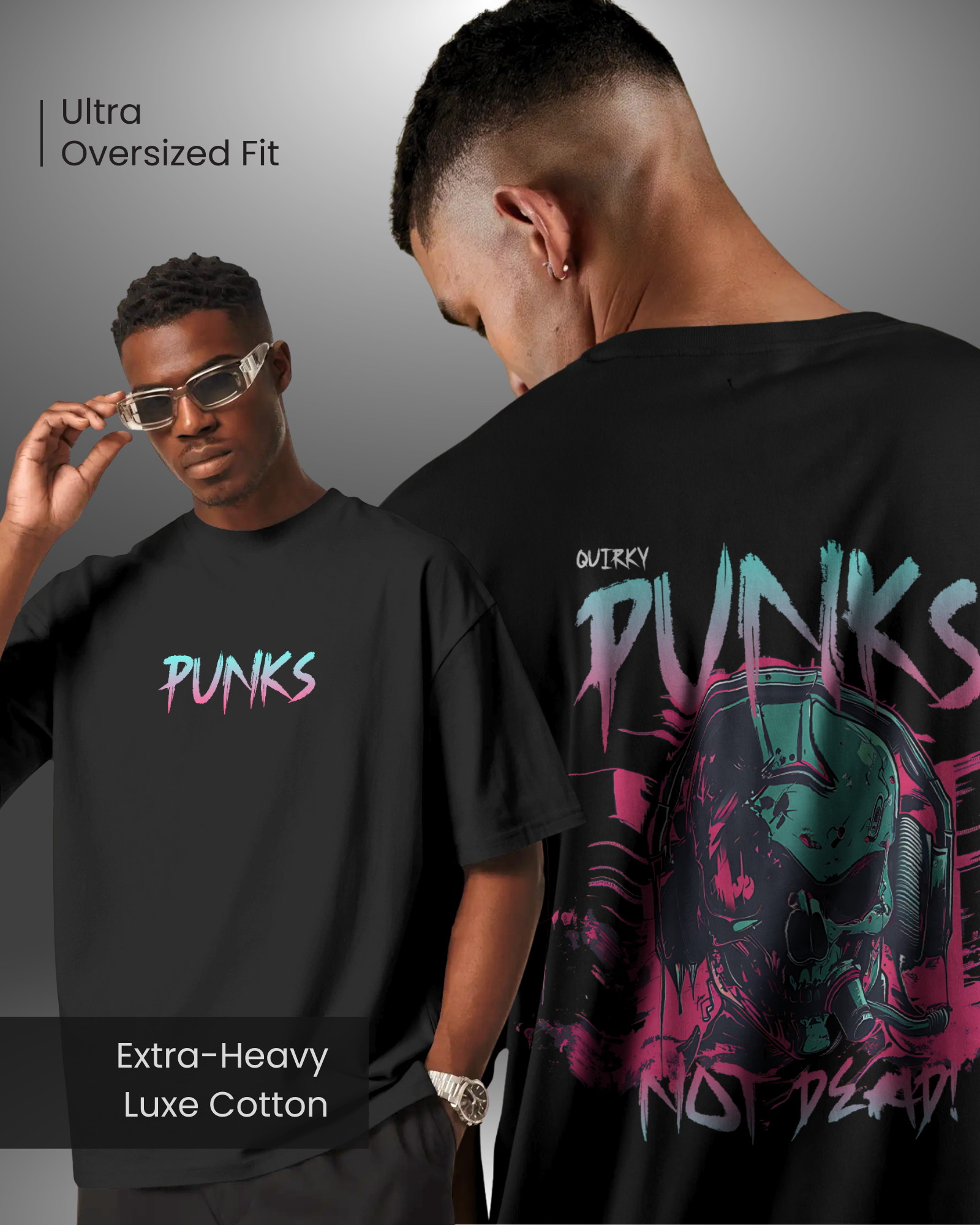 Pumped and confident male model wearing an Ultra Oversized Fit black T-shirt made from Extra-Heavy Luxe Cotton. The tee features a large, mysterious punk skull graphic and "Punks Not Dead" text on the back. A bold and dark drop-shoulder graphic tee.