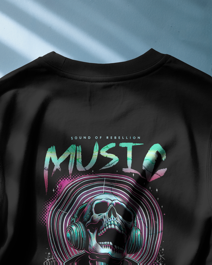 Detailed back view of Qurrito’s Oversized Punk Rock T-Shirt – Sound of Rebellion Edition featuring a vibrant neon skull-in-headphones artwork. The design radiates mysterious, energetic, and bold punk energy, suited for dark music festival outfits or edgy streetwear fashion.