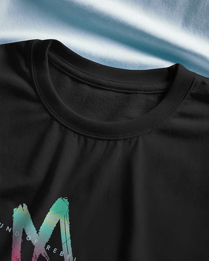 Close-up of the Punk Rock Sound of Rebellion Oversized T-Shirt by Qurrito, showing the premium black luxe cotton texture and minimalist front design. Ideal for shoppers searching heavy cotton punk t-shirts, black graphic tees, or dark statement mood streetwear outfits.