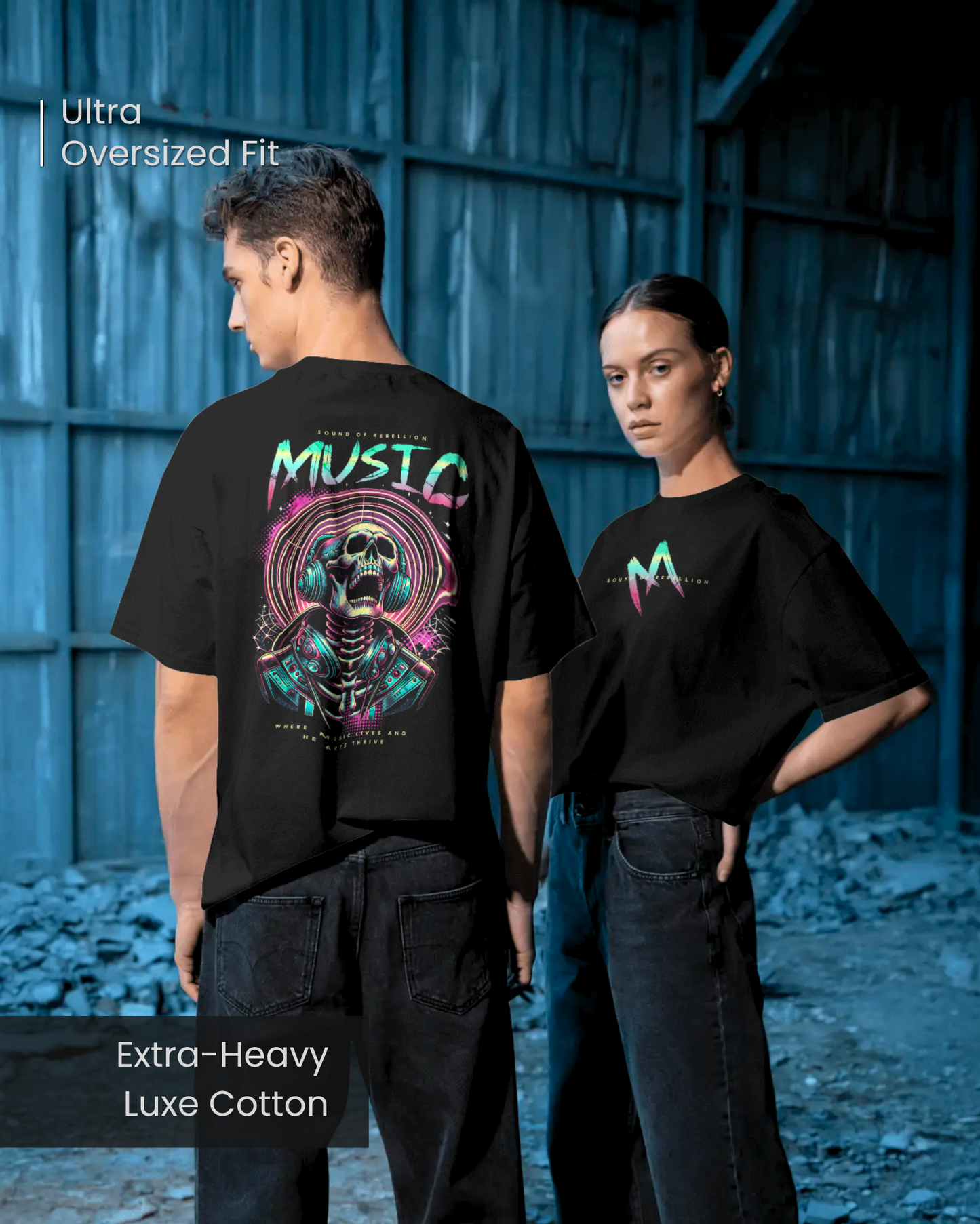 Man and woman wearing Qurrito’s Punk Rock Oversized Sound of Rebellion T-Shirt in ultra-oversized fit made from extra-heavy luxe cotton, paired with loose black denim jeans. The glowing skull-with-headphones print adds energetic, bold, and dark punk streetwear vibes, perfect for couple streetwear or unisex graphic tee looks.