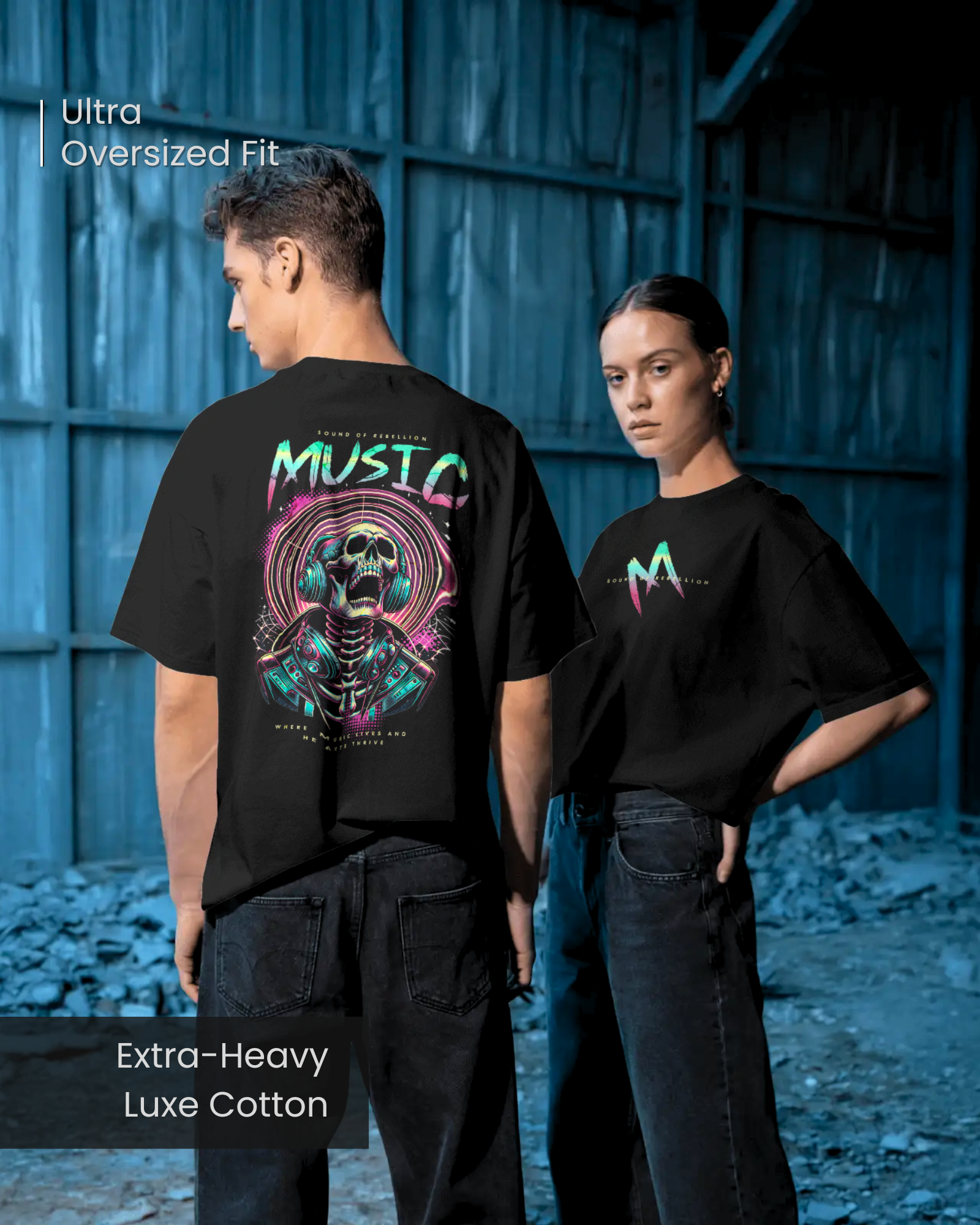 Man and woman wearing Qurrito’s Punk Rock Oversized Sound of Rebellion T-Shirt in ultra-oversized fit made from extra-heavy luxe cotton, paired with loose black denim jeans. The glowing skull-with-headphones print adds energetic, bold, and dark punk streetwear vibes, perfect for couple streetwear or unisex graphic tee looks.