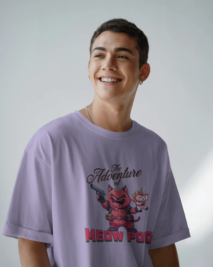 Smiling male model wearing the quirky and funny "Meow Pool" purple oversized t-shirt. This unisex garment is an ultra-oversized fit, perfect for streetwear enthusiasts.