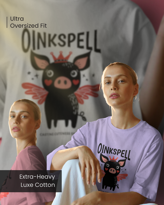 Two women wearing Qurrito’s Oinkspell Quirky Oversized T-Shirt in pastel shades, made from extra-heavy luxe cotton. The cartoon pig graphic adds playful, happy energy, making it perfect for women’s oversized streetwear or cheerful everyday outfits.