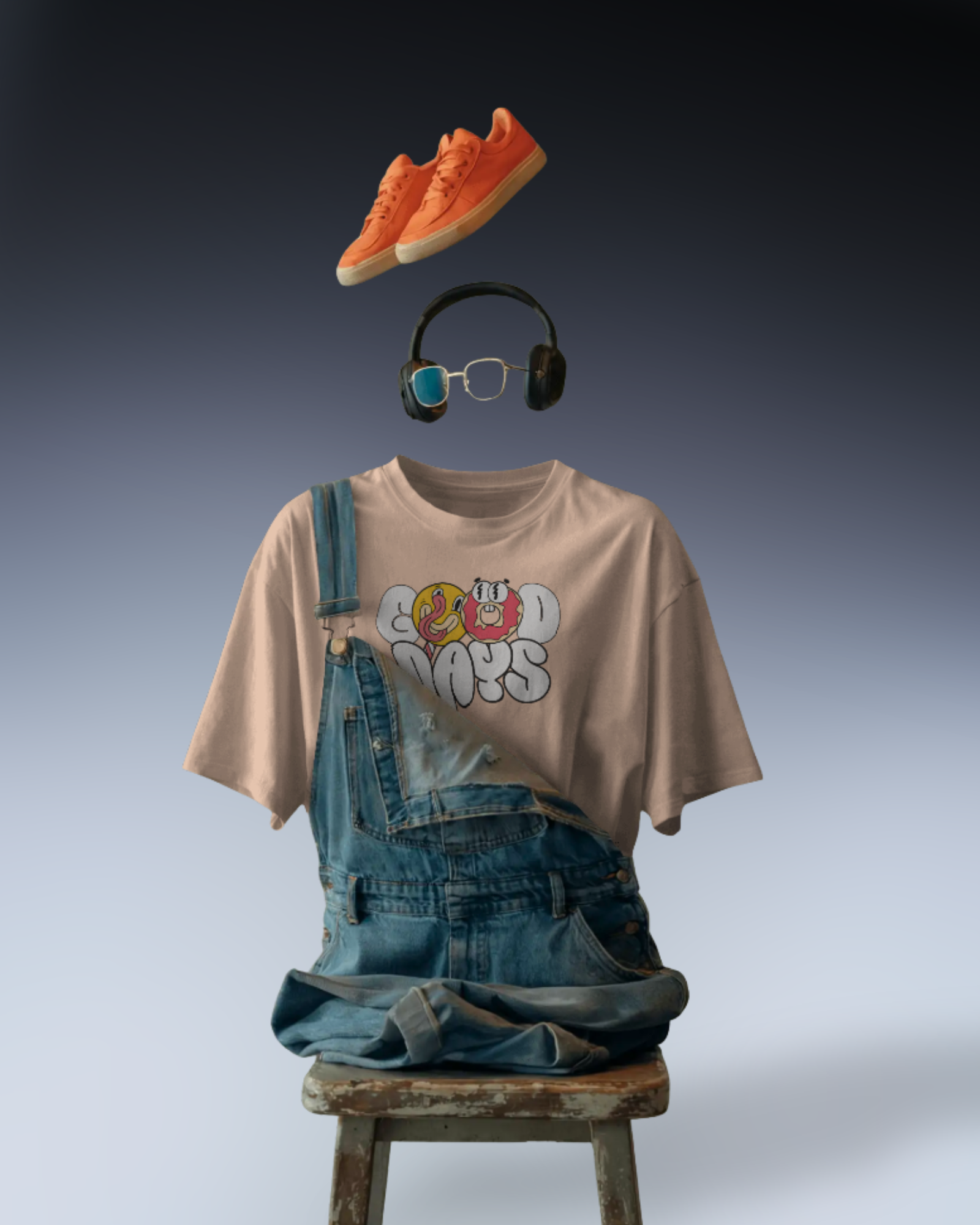 Quirky and pumped retro "Good Days Funky Typography Tee" t-shirt design. Features a cartoon donut and smiley face. Regular Fit peach tee, a fun graphic shirt.