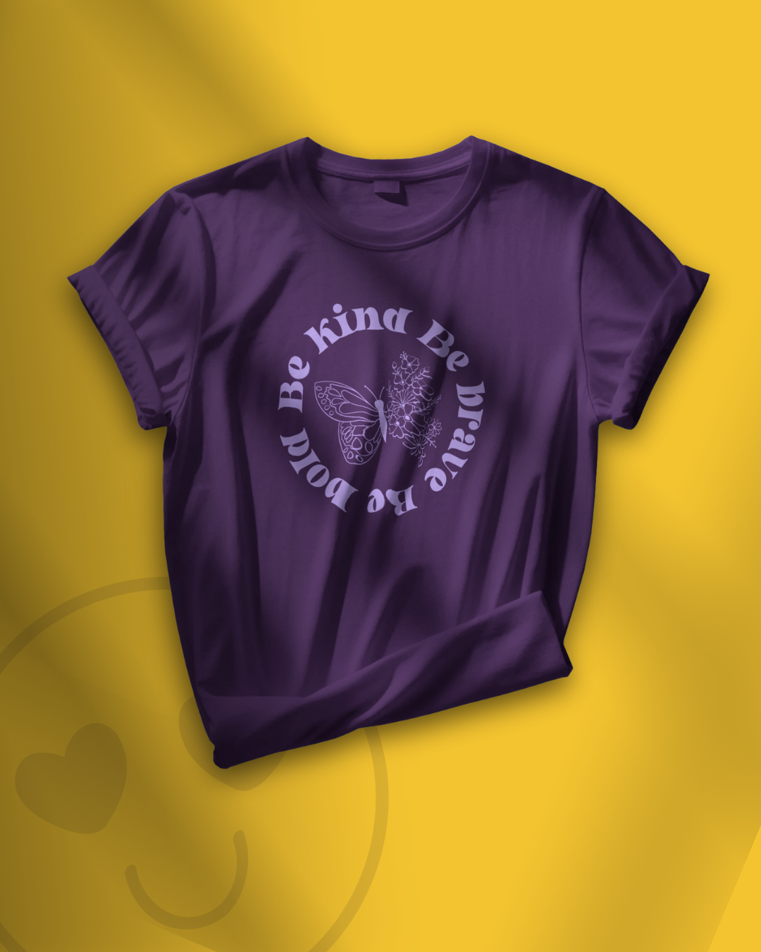 Be Kind Be Brave purple oversized T-shirt by Qurrito — butterfly and floral design symbolizing love, kindness, and affectionate moods.