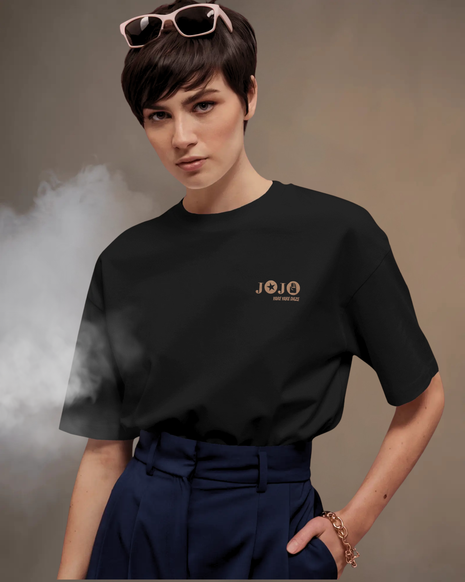 A female model holding a phone while wearing Qurrito’s Black Anime Streetwear Oversized Fit T-Shirt with JOJO “Yare Yare Daze” embroidered logo, styled in a misty beige backdrop.