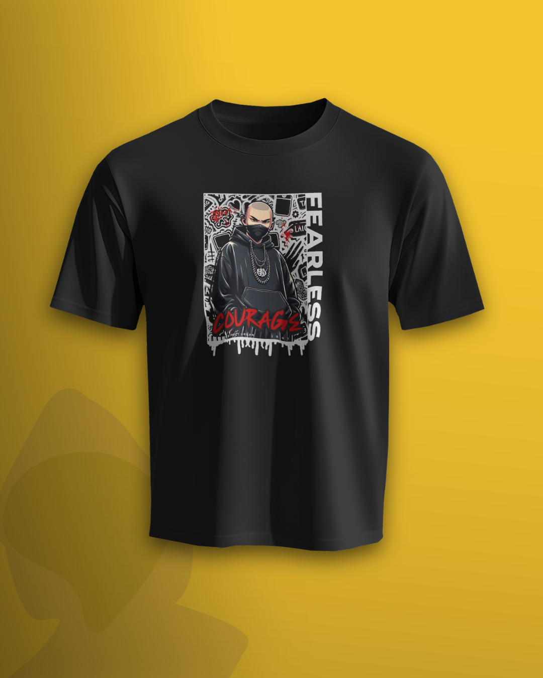 Fearless Courage black oversized T-shirt by Qurrito — bold anime-inspired streetwear design for dark and mysterious moods.