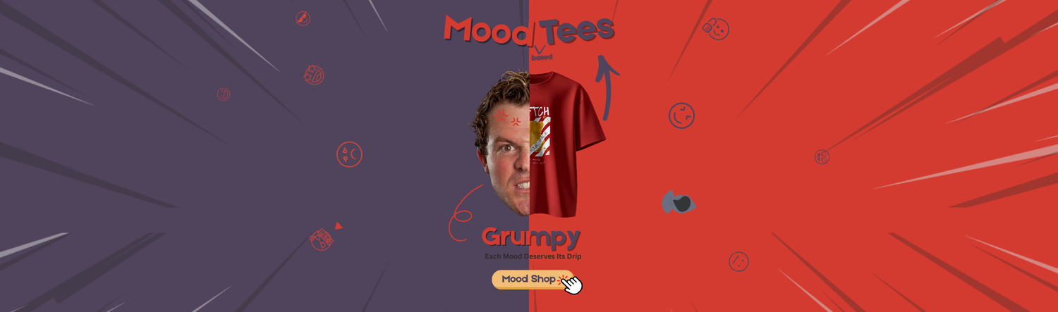 Qurrito Moodwear homepage banner highlighting Grumpy Mood tee — Watch Your Back Red Tee – Regular Fit Urban Graphic Wear representing expressive mood-based fashion.