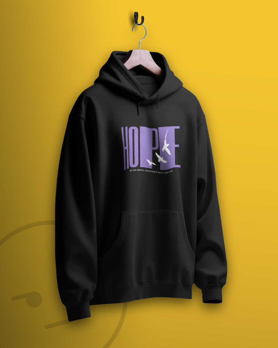 Hope black hoodie by Qurrito featuring purple typography and flying birds — uplifting moodwear design for confident and bold vibes.