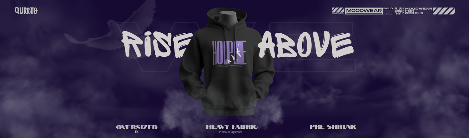 Qurrito Hope Unisex Oversized Streetwear Hoodie in Black. Heavy fabric, pre-shrunk, comfortable fit for bold Gen Z and millennial style in India. Perfect dark, serious, and mysterious mood winter streetwear look.