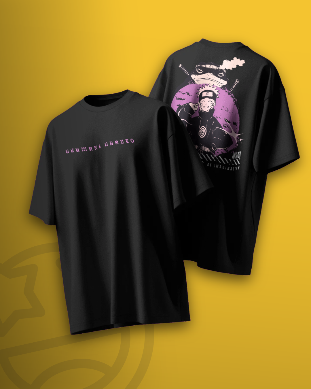 Naruto-inspired oversized T-shirt by Qurrito — anime streetwear for energetic and pumped moods with bold purple design.