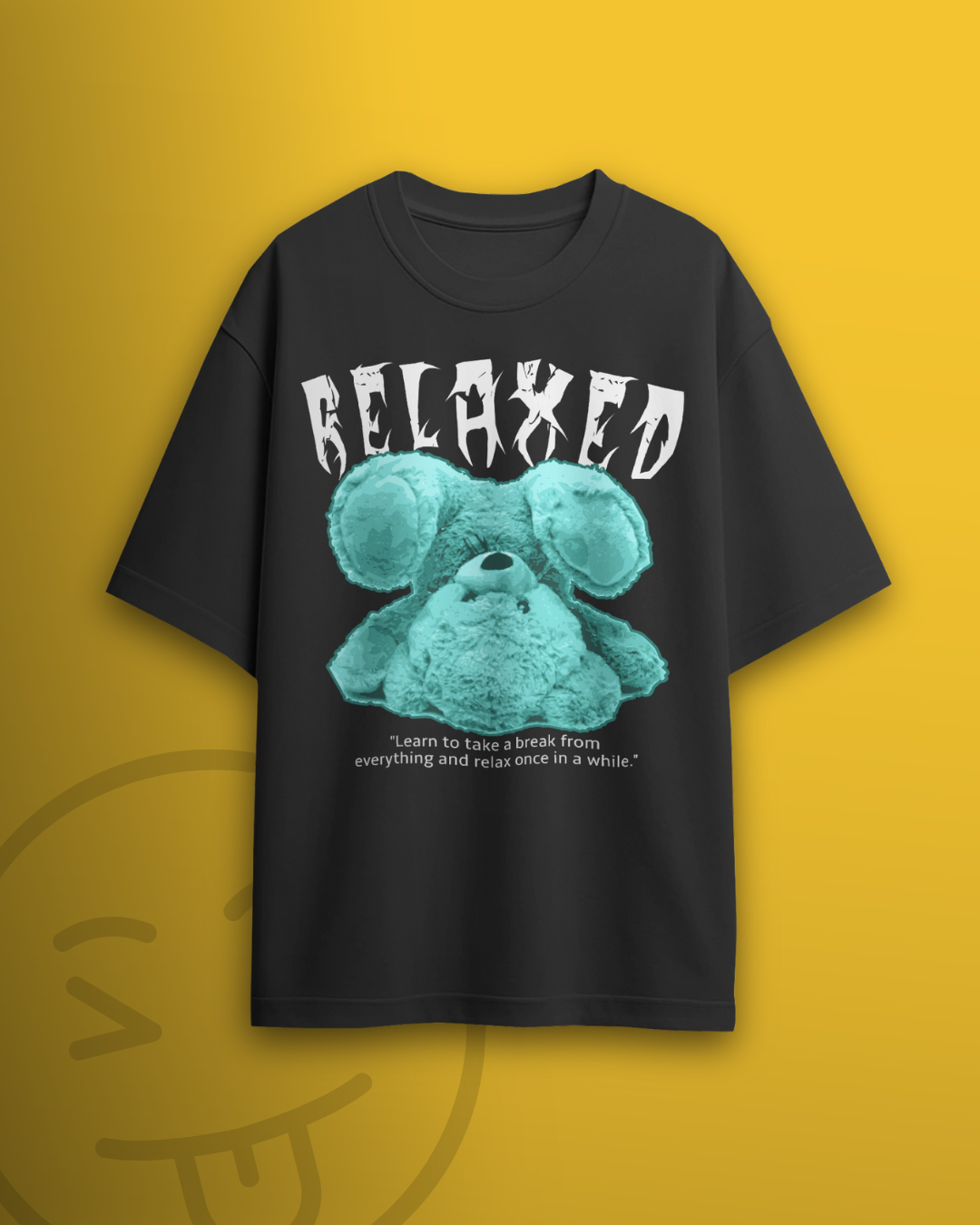 Relaxed Bear oversized black graphic T-shirt by Qurrito — cute blue teddy design for playful and quirky moods.