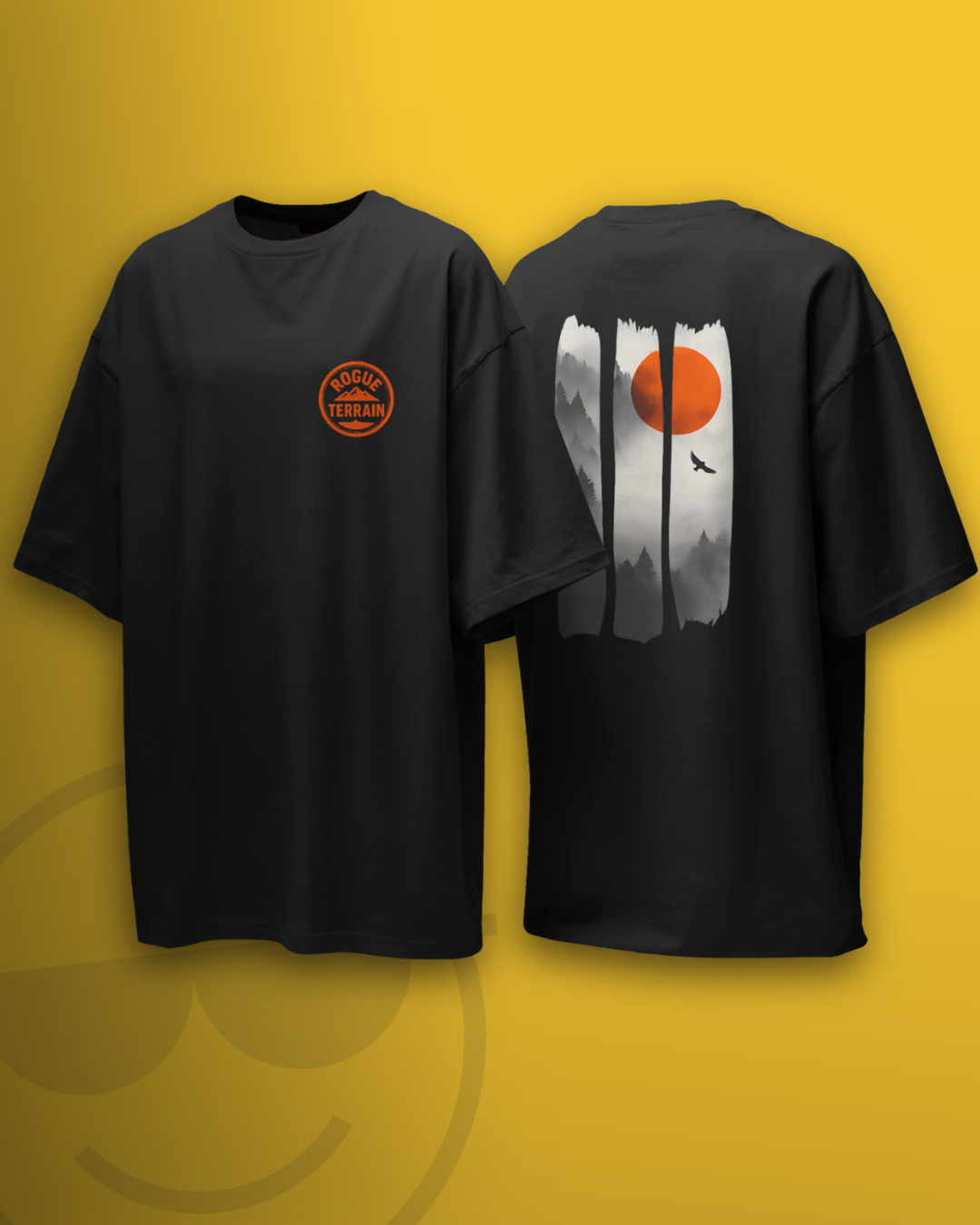 Rogue Terrain black oversized T-shirt by Qurrito — scenic mountain and sun design for chill, relaxed, and nature-driven moods.