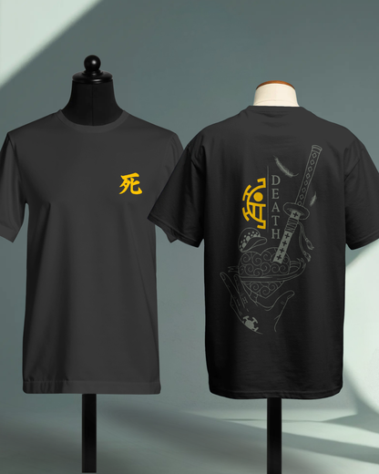 Black regular fit T-shirt by Qurrito from The Surgeon’s Omen, shown on mannequins with minimal yellow front print and intricate dark anime katana graphic on the back, ominous, dark, high-contrast streetwear vibe.