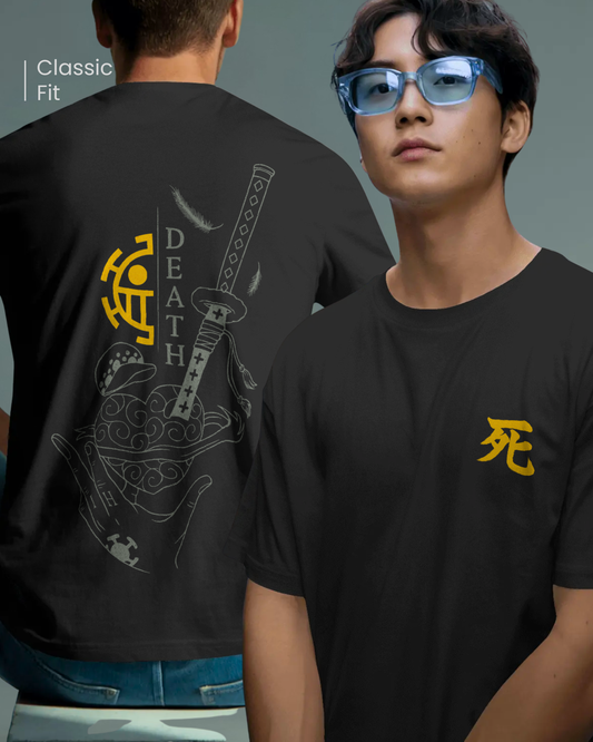 Black regular fit T-shirt by Qurrito featuring The Surgeon’s Omen dark anime graphic, worn by a model, showcasing front minimal yellow kanji print and detailed back katana illustration, dark, mysterious mood streetwear aesthetic.