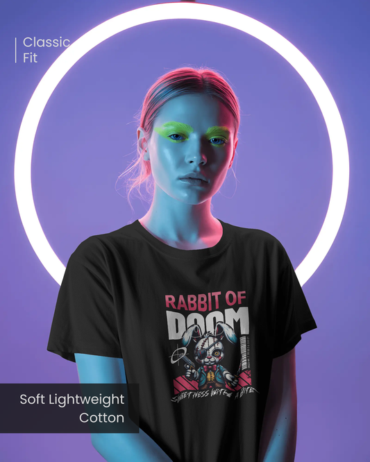 Woman wearing dark, mysterious mood "Rabbit of Doom" T-shirt in neon light. Gothic streetwear with a playful rabbit character. Regular fit by Qurrito.