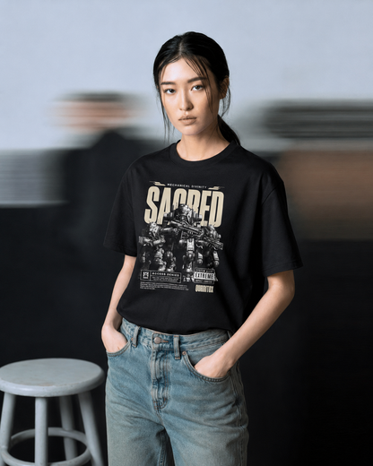  Close front view of QURRiTO Sacred Mecha Divinity cyberpunk t-shirt in black, showing detailed mecha robot graphic with SACRED typography and Mechanical Divinity text on chest.