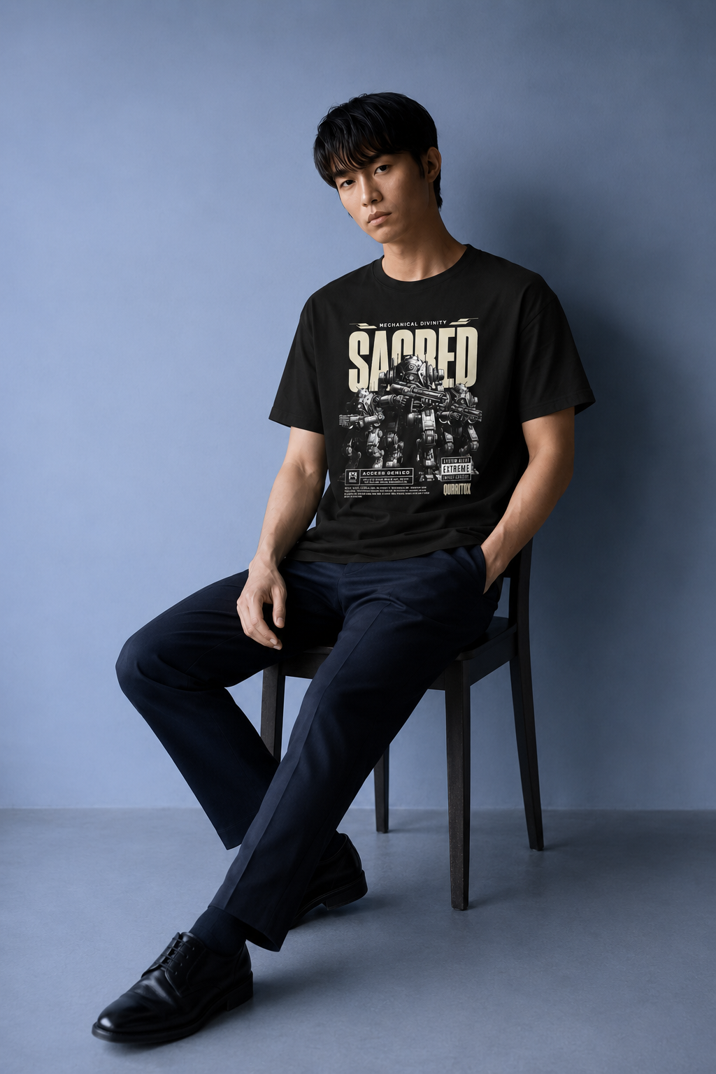 Man seated on chair wearing QURRiTO Sacred Mecha Divinity black mecha graphic t-shirt with dark trousers, showcasing a confident sci-fi streetwear aesthetic.