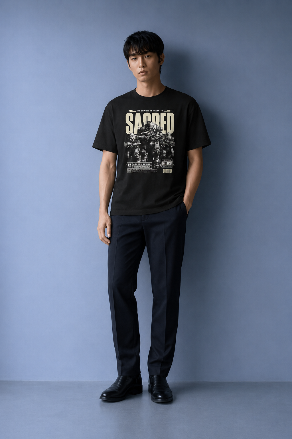 Man standing in full-length shot wearing QURRiTO Sacred Mecha Divinity black cyberpunk t-shirt with SACRED robot print, styled with dark trousers and black shoes.
