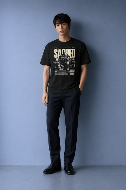 Man standing in full-length shot wearing QURRiTO Sacred Mecha Divinity black cyberpunk t-shirt with SACRED robot print, styled with dark trousers and black shoes.